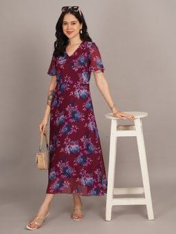 Curvydrobe - Floral Printed V-Neck Purple Maxi dress