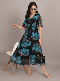 Curvydrobe - Floral Printed V-Neck Black Maxi dress