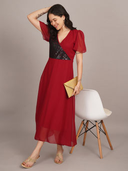 Curvydrobe - Sequin Embellished V-Neck Maroon Maxi dress