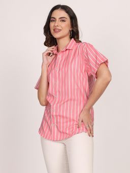 LEOTUDE - Women Striped Loose Fit Casual Pink Shirt