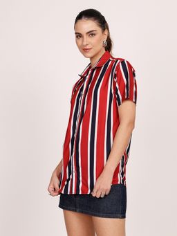 LEOTUDE - Women Striped Loose Fit Casual Red Shirt