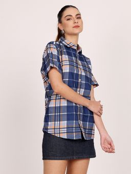 LEOTUDE - Women Checked Loose Fit Casual Blue Shirt