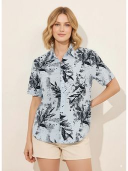 LEOTUDE - Women Printed Loose Fit Casual Blue Shirt