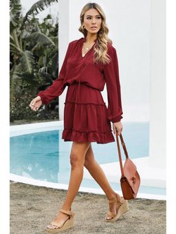 Errabelly - V Neck Long Sleeve Ruffled Neck Tiered Red Mini Dress