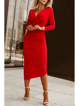 Errabelly - Fiery Long Sleeves Wrap V Neck Ruched Sheath Bodycon Red Midi Dress