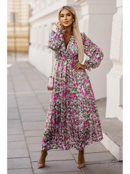 Errabelly - Floral Print Deep V Neck Ruched Cinched Waist Green Maxi Dress