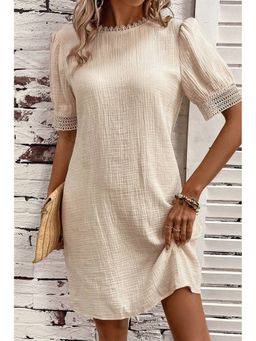 Errabelly - Crinkle Lace Trim Puff Sleeve Shift Cotton Beige Mini Dress