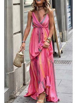 Errabelly - Western Printed Tassel Tie V Neck Wrap Pink Maxi Dress