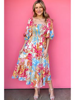 Errabelly - Tropical Print Smocked Bodice Balloon Sleeve Multicolor Maxi Dress