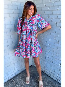 Errabelly - Floral Short Sleeve V Neck Tiered Multicolour Mini Dress