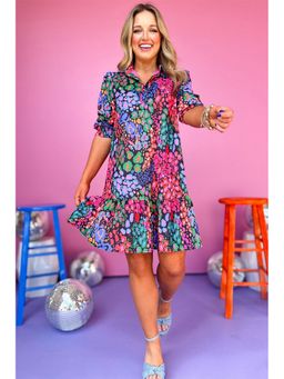 Errabelly - Fashion Print Smocked Half Sleeve Multicolor Knee Length Dress