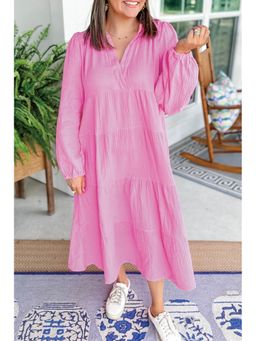 Errabelly - Bonbon Solid Collared V Neck Tiered Loose Fit Pink Midi Dress