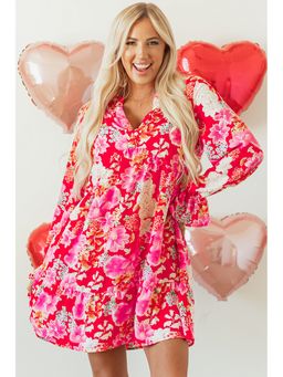 Errabelly - Floral Print High Waist V Neck Babydoll Red Mini Dress