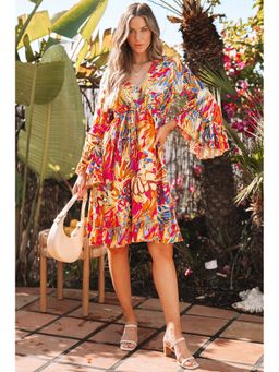 Errabelly - Plant Print FlaMulti-Color Sleeve Ruffled Hem Tunic High Waist Multi-Color Mini Dress