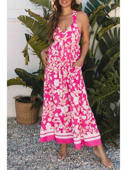 Errabelly - Floral V Neck Crisscross Backless Pink Maxi Dress