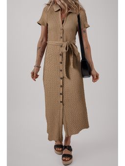 Errabelly - Buckskin Short Sleeve Textured Button Up Tie Waist Beige Maxi Dress
