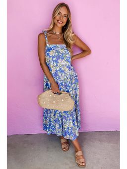 Errabelly - Floral Print Self-Tie Straps Flowy Ruffle Blue Midi Dress