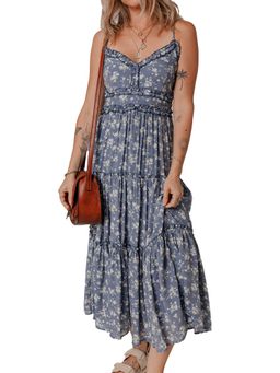 Errabelly - Floral Spaghetti Strap Frilled V Neck Tiered Blue Midi Dress