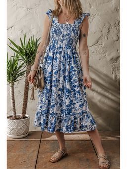 Errabelly - Floral Ruffle Strap Square Neck Smocked Bodice Blue Midi Dress