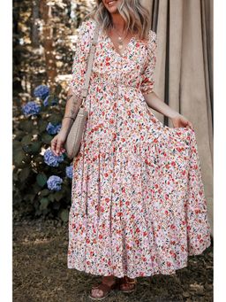 Errabelly - Boho Half Sleeve Floral V Neck Multi-Color Maxi Dress