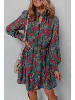 Errabelly - Floral Friled V Neck Puff Sleeve Ruffled Neck Green Mini Dress