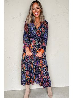 Errabelly - Floral Print Tassel Tie V Neck Long Sleeve Flowy Blue Maxi Dress