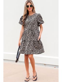 Errabelly - Denim Leopard Printed Short Puff Sleeve Brown Mini Dress