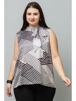 PURYS PLUS - Striped Sleeveless Satin White Top