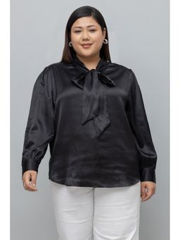 PURYS PLUS - Solid Satin Tie Neck Black Top