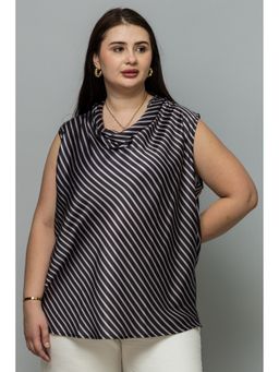 PURYS PLUS - Striped Satin Cowl Neck Grey Top