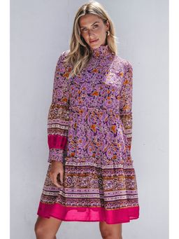 Errabelly - Floral Smocked Puff Sleeve High Neck Purple Mini Dress