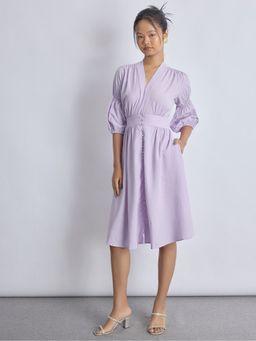 The Label Life - Puff Sleeve Purple Midi Dress