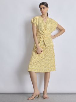 The Label Life - Geometric Print Twist Knot Yellow Midi Dress