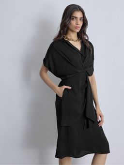 The Label Life - Pleated Drape Black Midi Dress