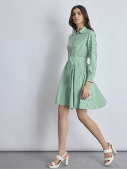 The Label Life - Striped Godet Shirt Green Mini Dress with Belt