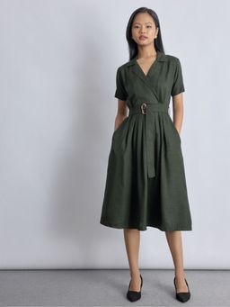 The Label Life - Linen Belted Green Midi Dress