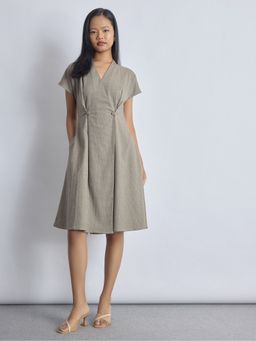 The Label Life - Mocha Textured Pleated Grey Midi Dress