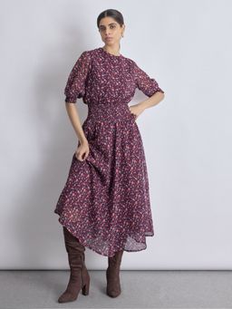 The Label Life - Maroon Ditsy Floral Smocked Midi Dress