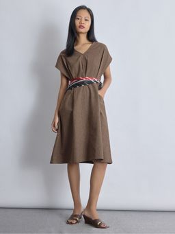 The Label Life - Walnut Linen Pleated Brown Midi Dress