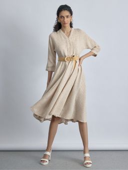 The Label Life - Jute Godet Belted Beige Midi Dress