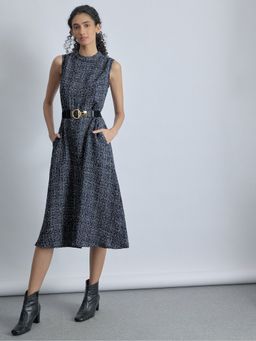 The Label Life - Navy Blue Tweed Belted Midi Dress