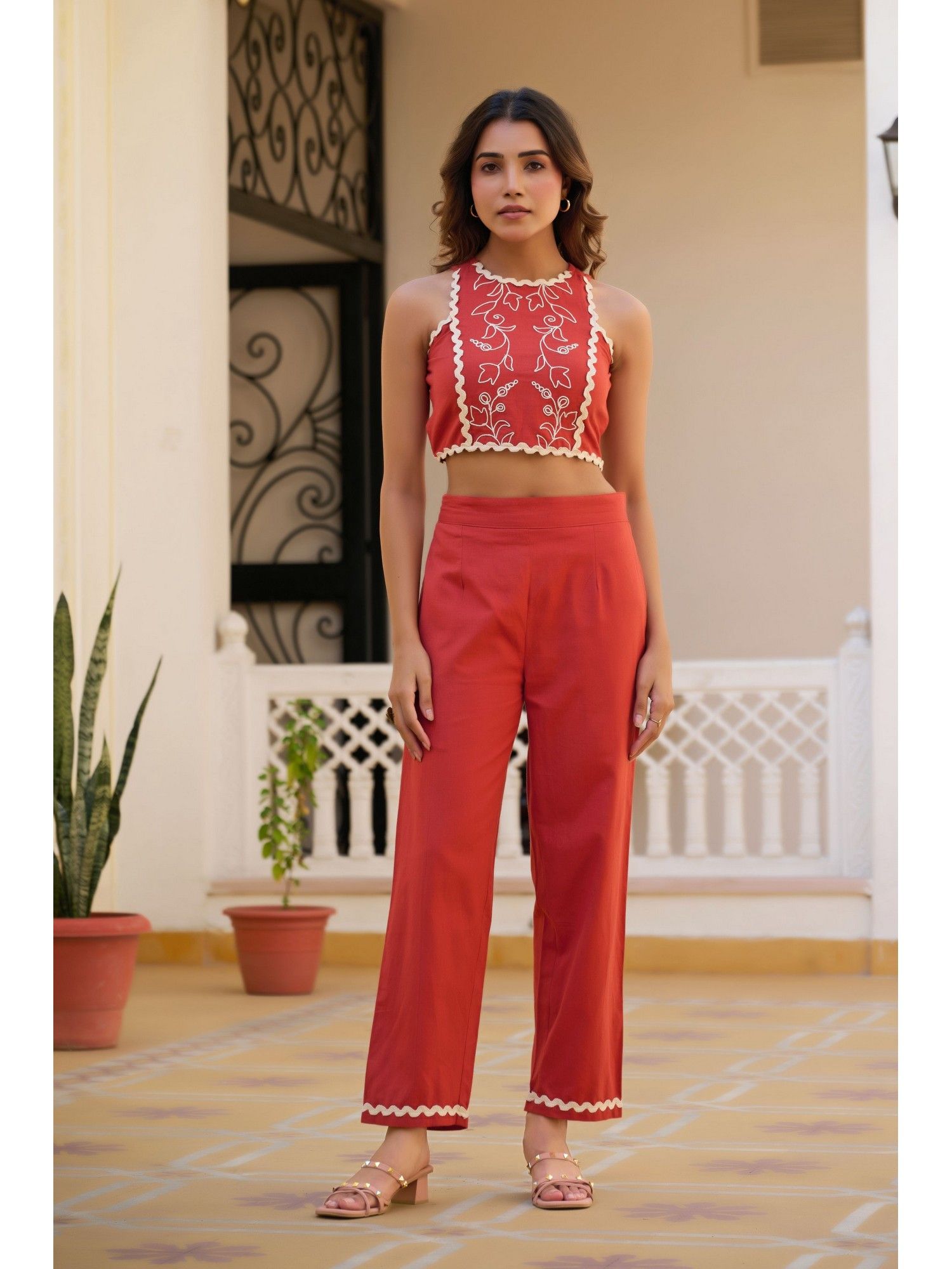Women Straight Cotton Flex Red Co-Ord Set-image-1