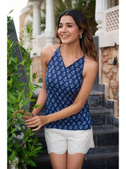 Vbuyz - Women Printed Straight Cotton Blue Top