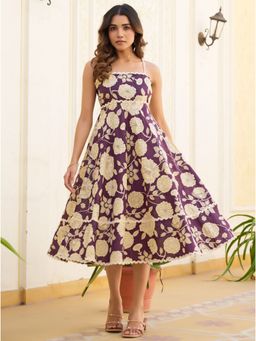 Vbuyz - Women Floral Print Fit and Flare Cotton Wine Midi Dress