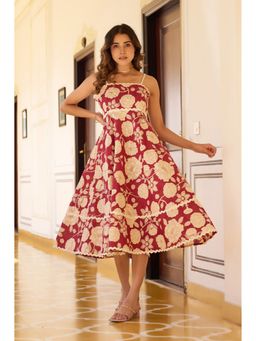 Vbuyz - Women Floral Print Fit and Flare Cotton Maroon Midi Dress