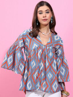 Vbuyz - Women Geometric Fit and Flare Cotton Blue Top