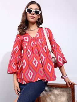 Vbuyz - Women Geometric Fit and Flare Cotton Pink Top
