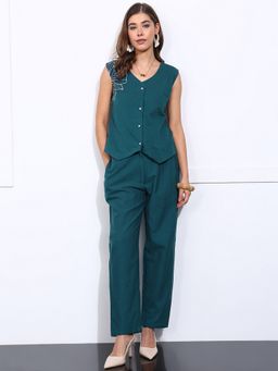 Vbuyz - Women Embroidered Straight Cotton Flex Teal Co-Ord Set