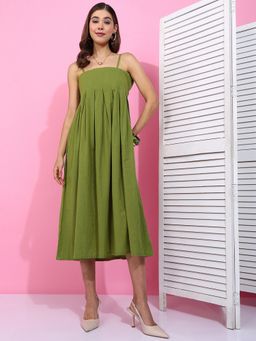 Vbuyz - Women Solid Fit and Flare Cotton Flex Green Midi Dress