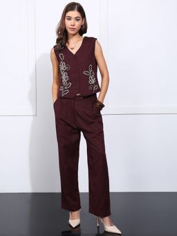 Vbuyz - Women Embroidered Straight Cotton Flex Burgundy Co-Ord Set
